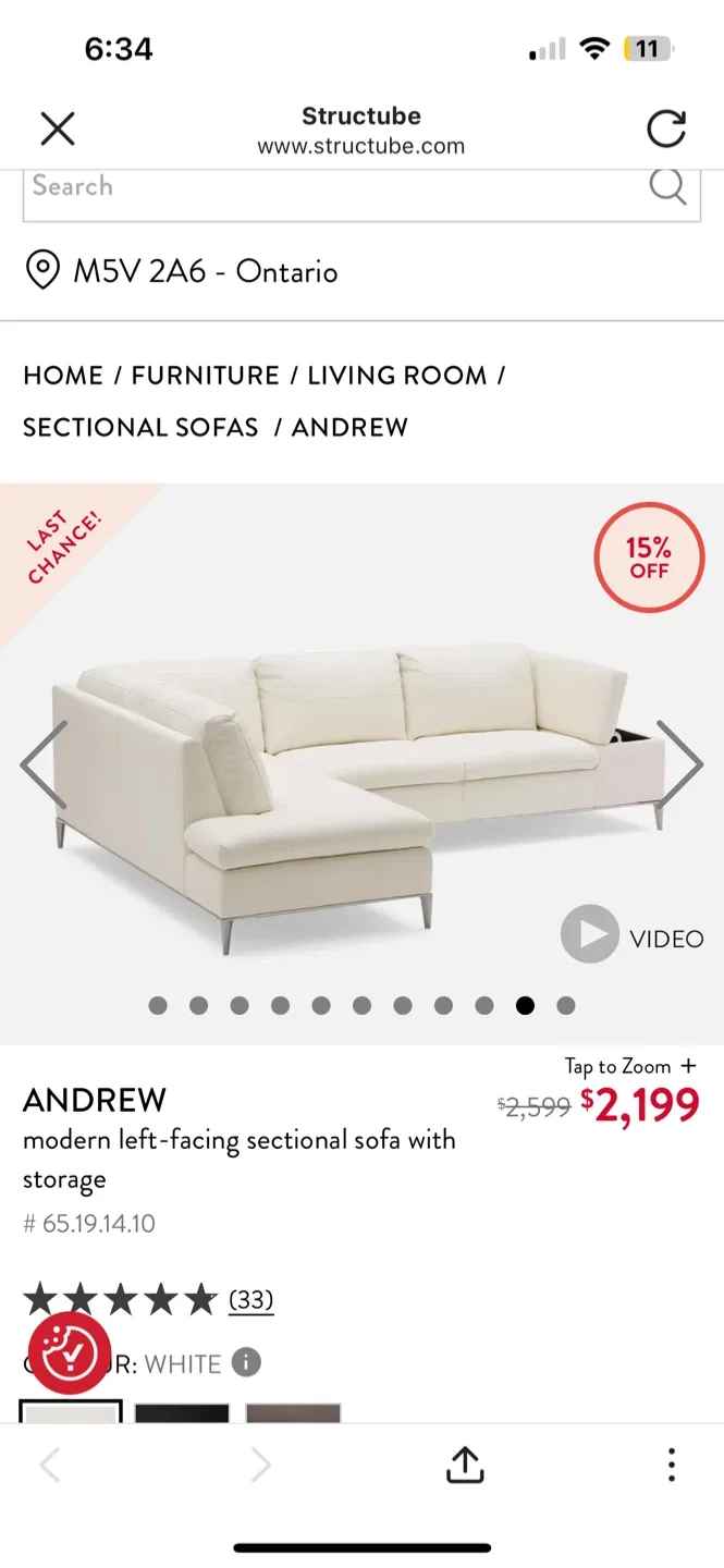 Structube White Leather Sectional Sofa thumbnail