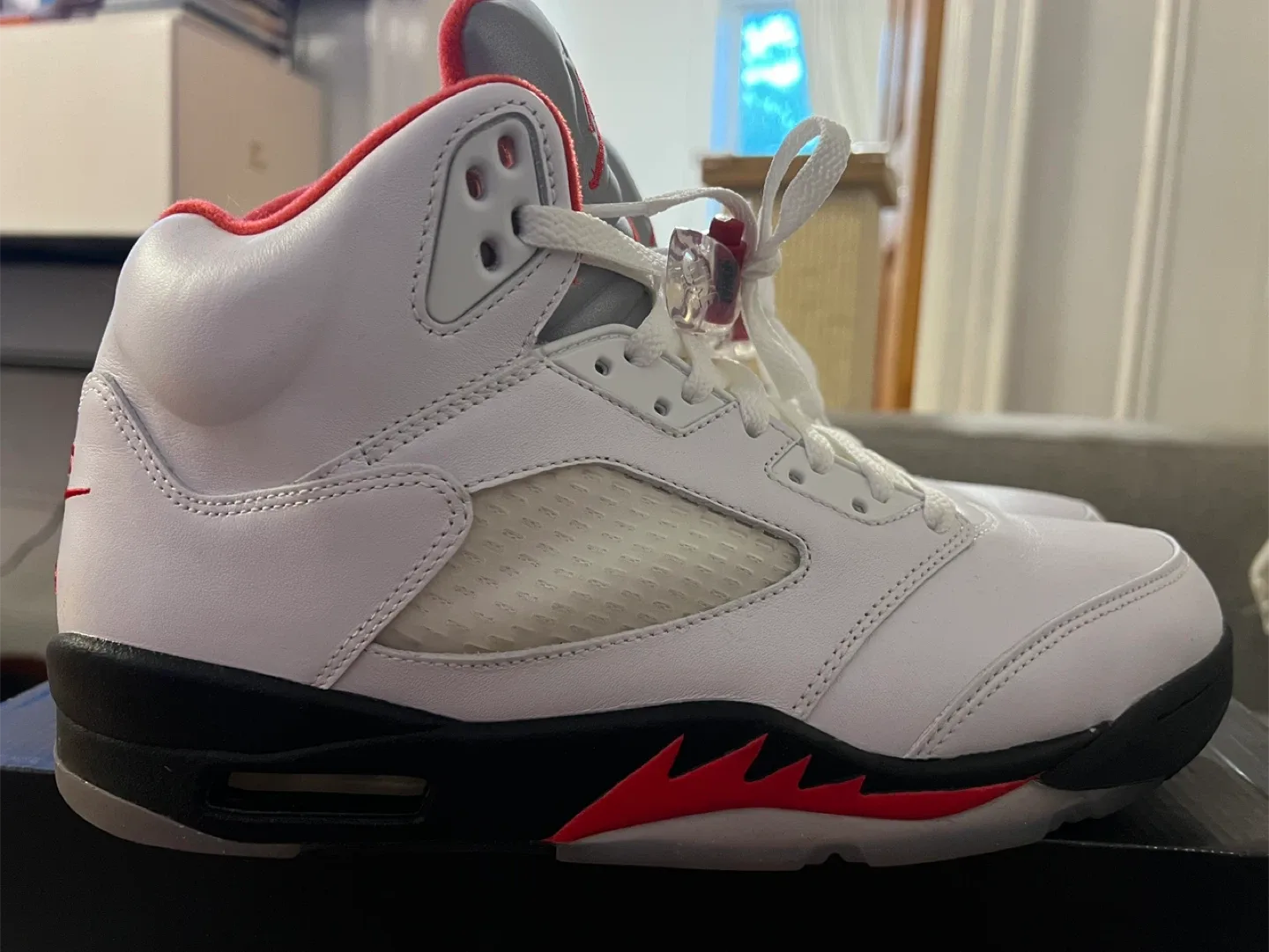 Air Jordan 5 Retro, True White/Fire Red-Black, Size 10.5 image indicator(5)