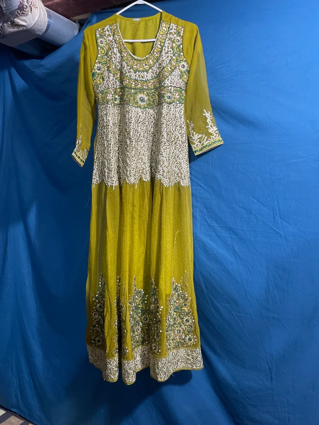 Green & White Embroidered Long Dress image indicator(2)