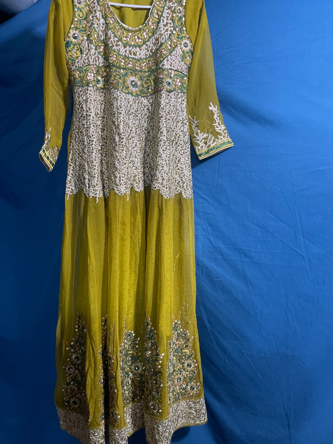 Green & White Embroidered Long Dress