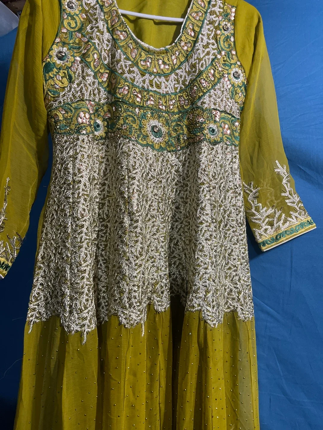 Green & White Embroidered Long Dress image indicator(3)