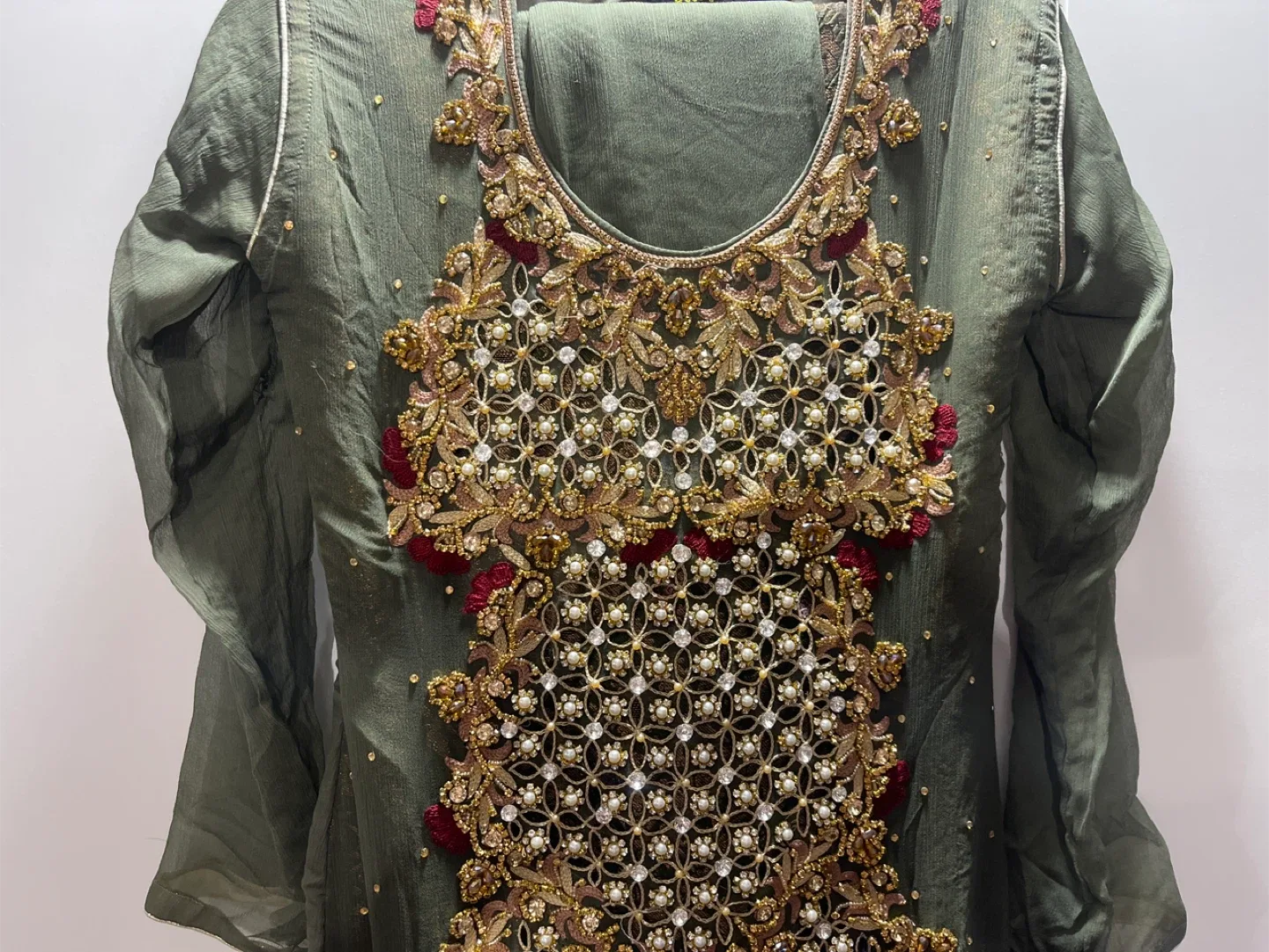 Embroidered Olive Green Pakistani Dress image indicator(2)