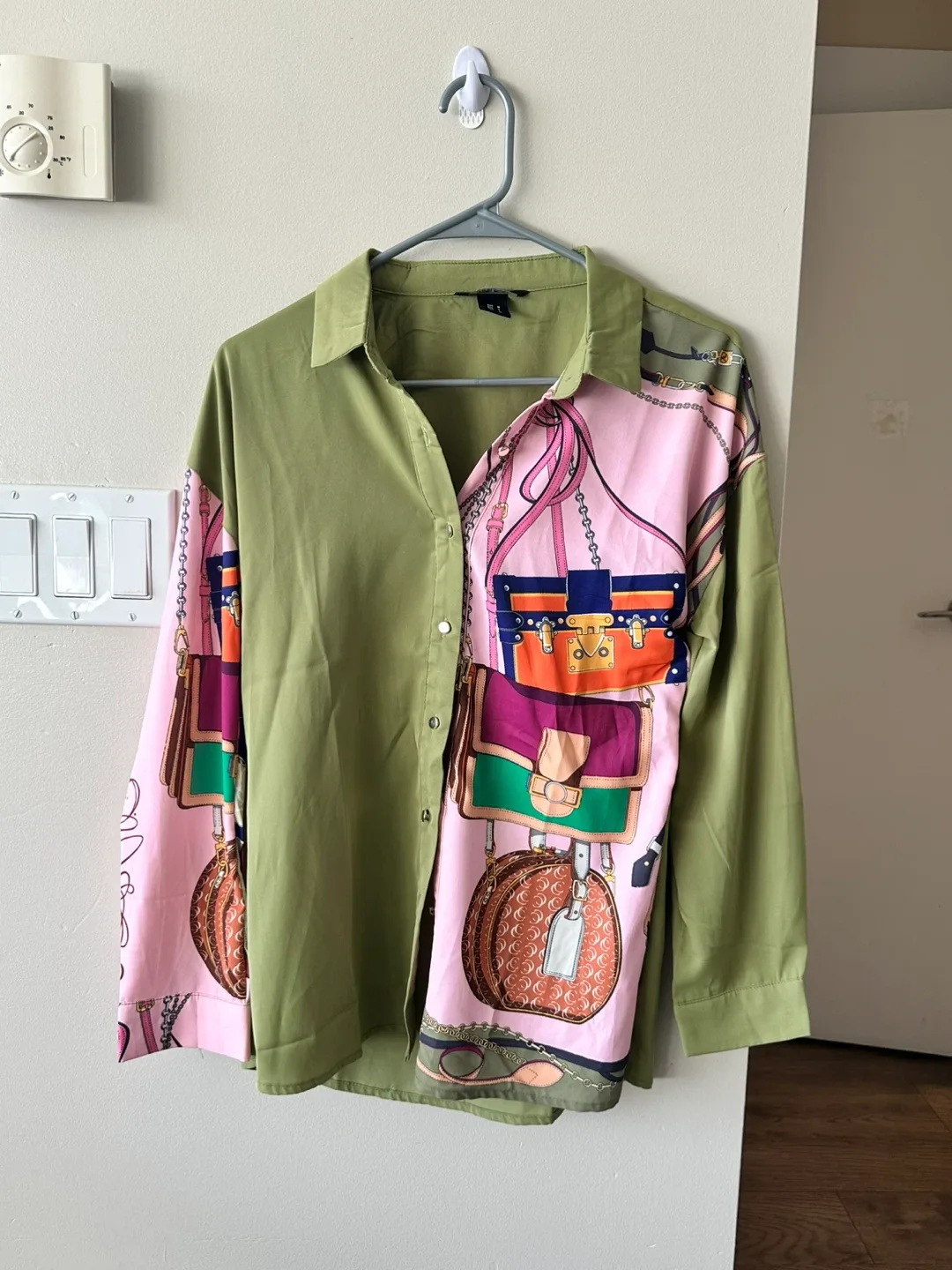 Olive Green & Pink Print Blouse - Size S
