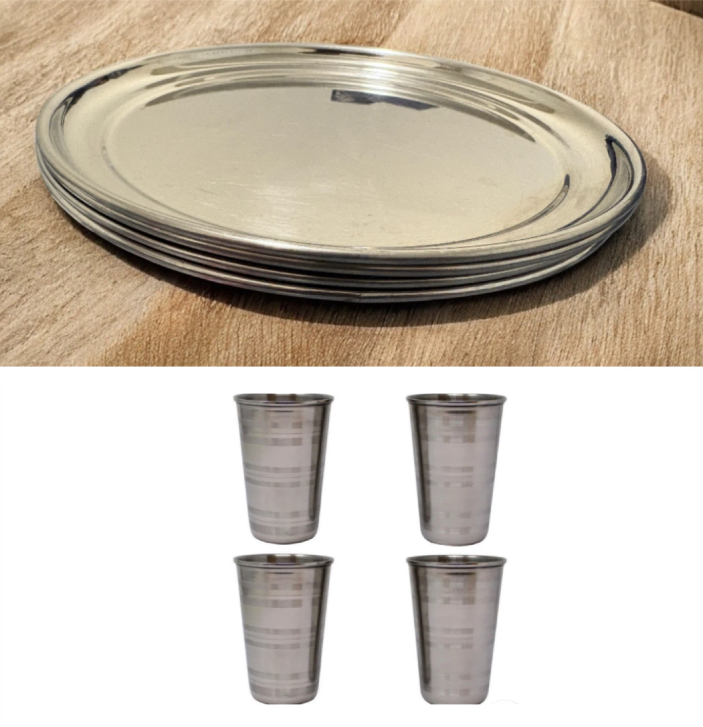 Stainless Steel Plates & Glasses Set