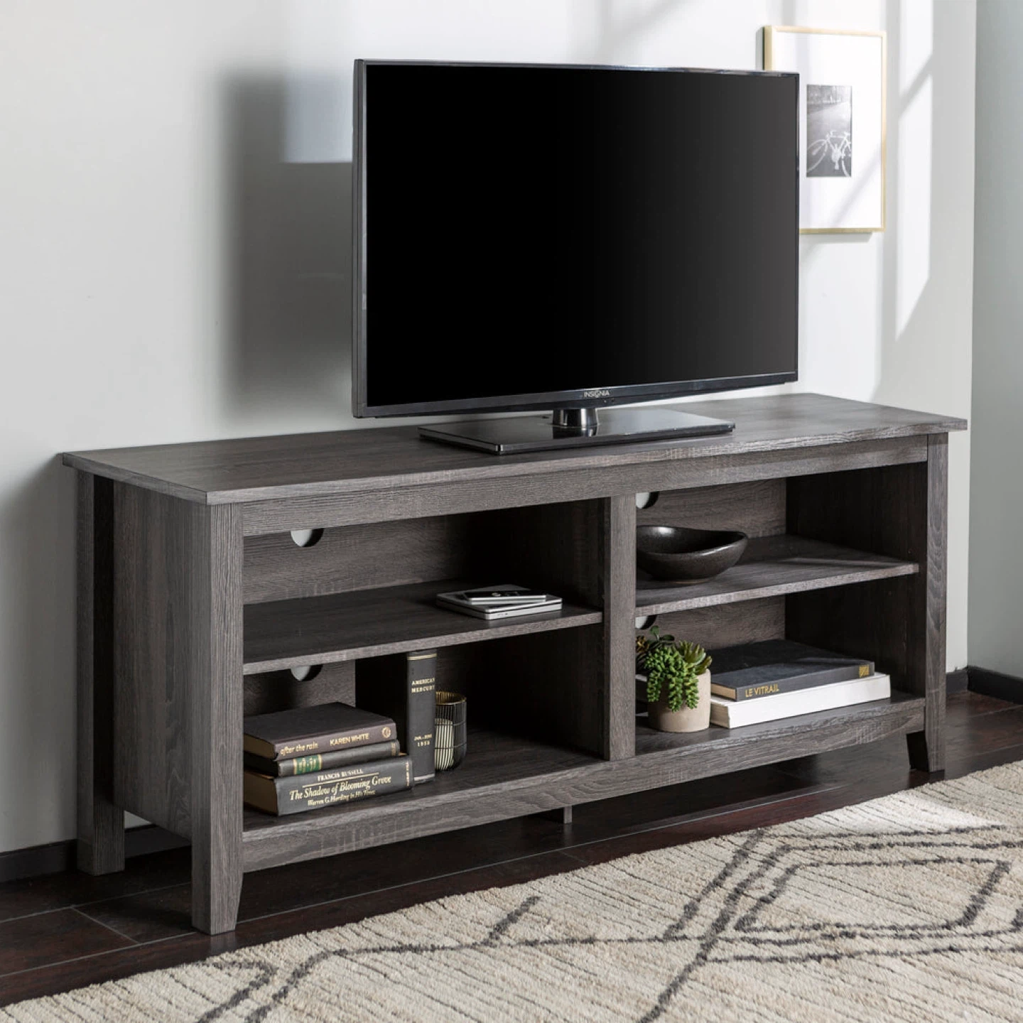 New Charcoal Grey Tiered Top Open Concept TV Stand - photo 2