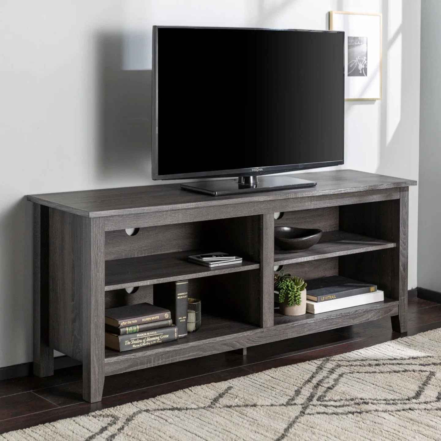 New Charcoal Grey Tiered Top Open Concept TV Stand image indicator(2)