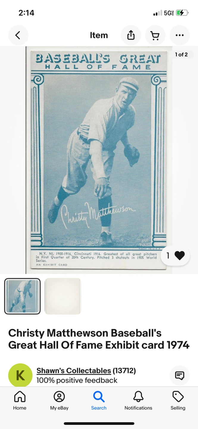 Christy Mathewson Baseball Hall of Fame Exhibit Card 1974 - photo 2