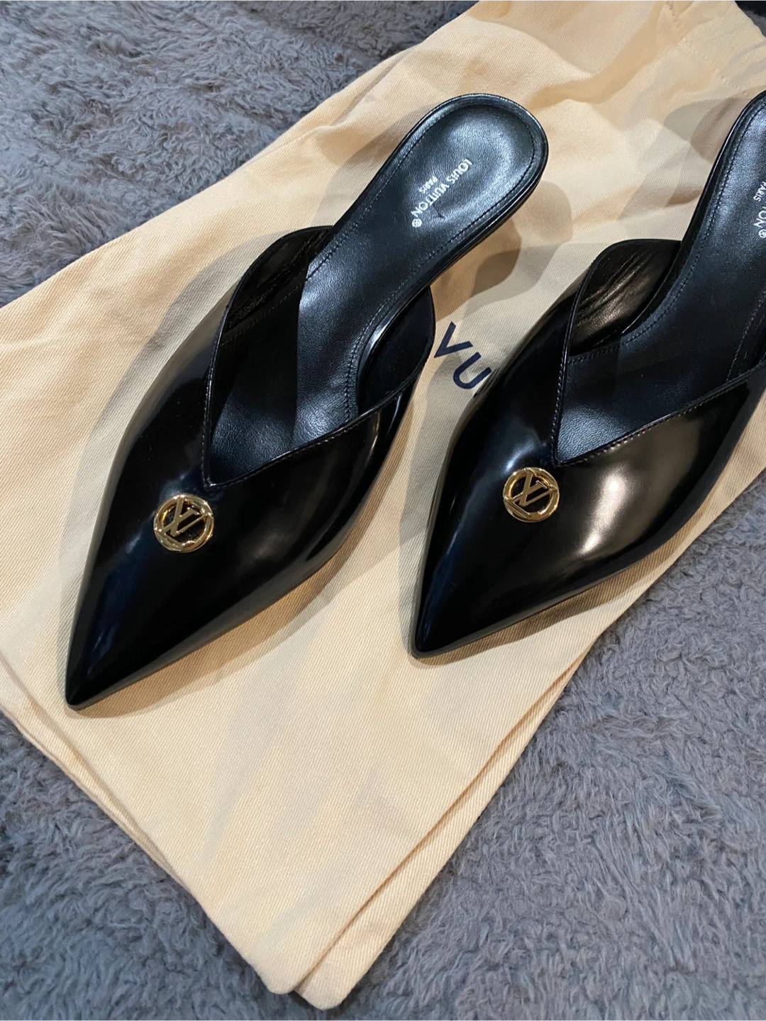 Louis Vuitton Black Patent Leather Mules - Size 38