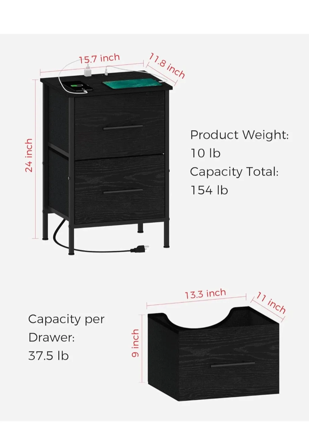 SANGMUCEN Nightstand with Charging Station - Black image indicator(2)