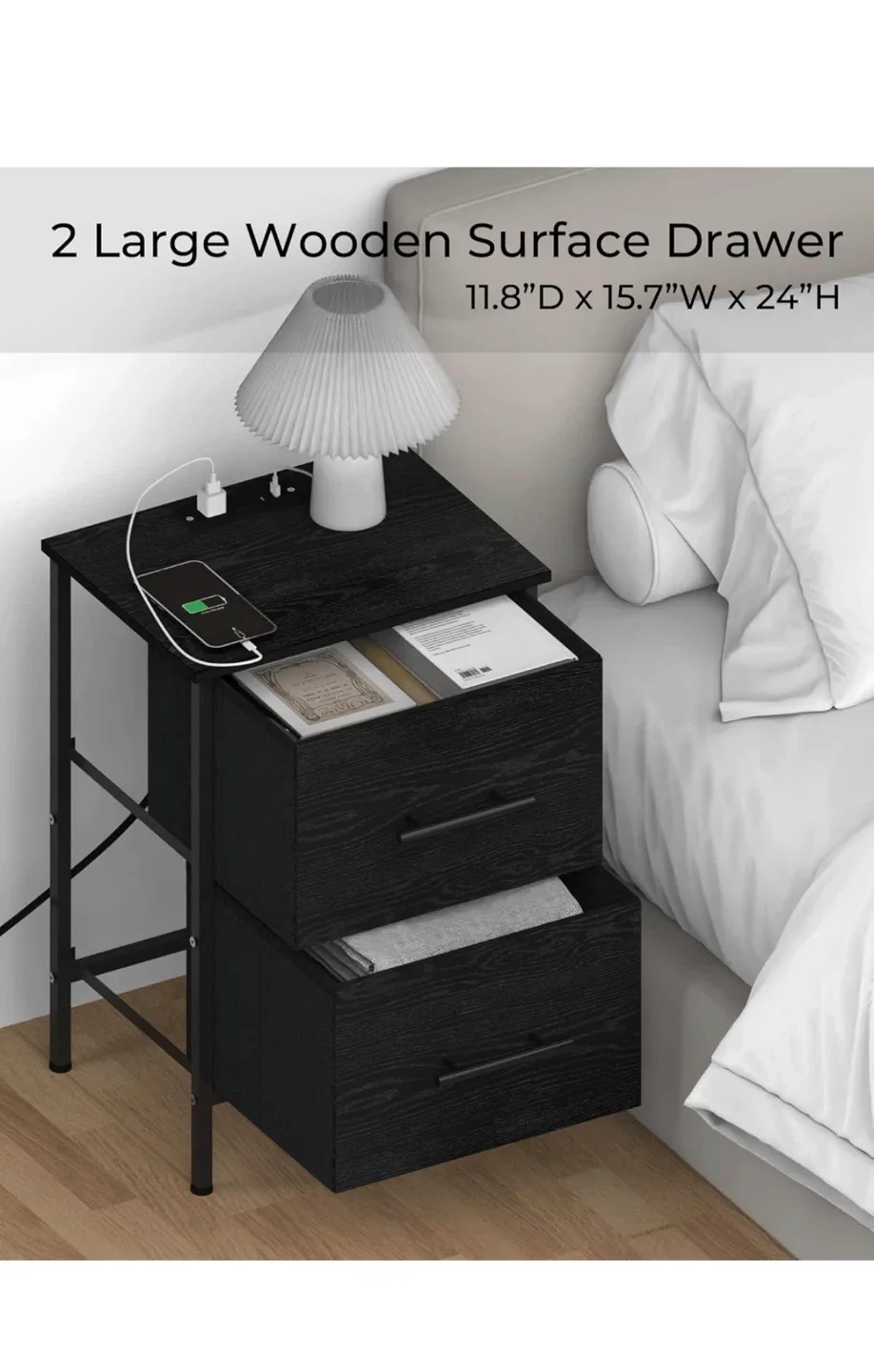 SANGMUCEN Nightstand with Charging Station - Black image indicator(5)
