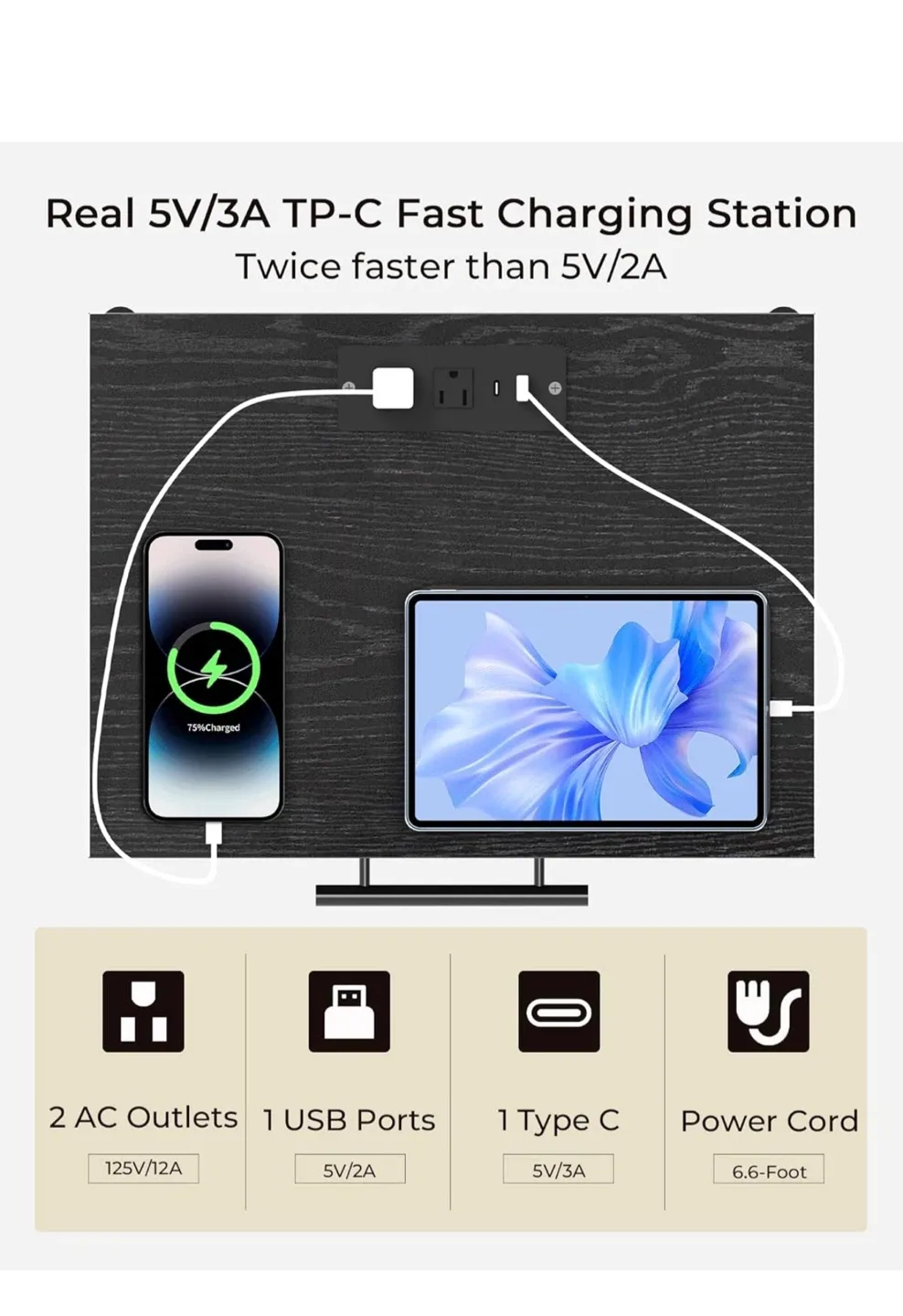 SANGMUCEN Nightstand with Charging Station - Black image indicator(4)