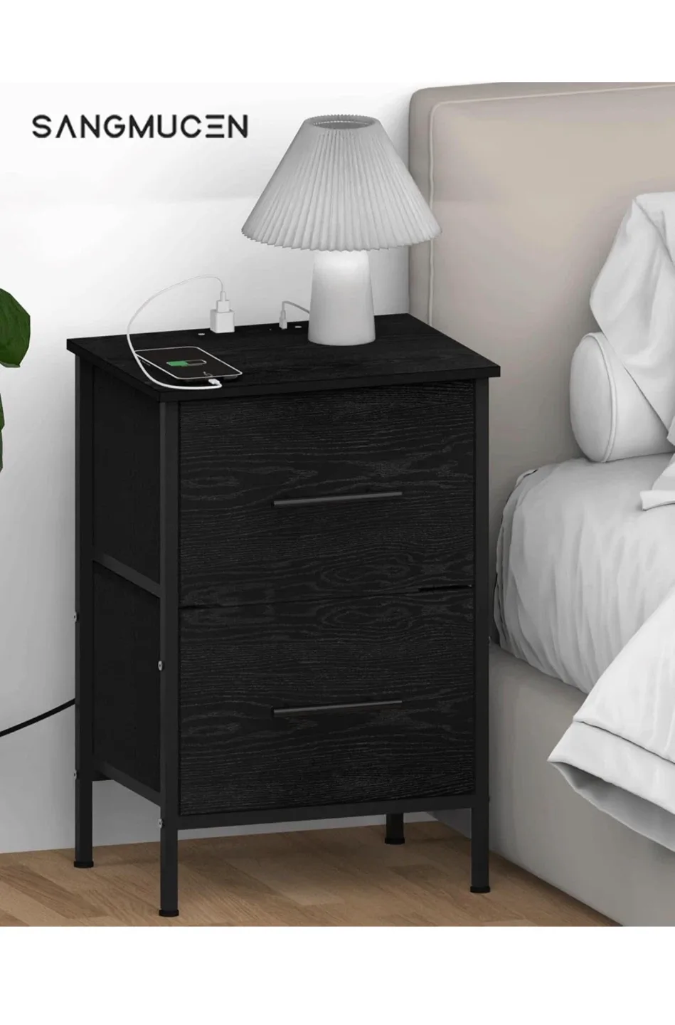 SANGMUCEN Nightstand with Charging Station - Black image indicator(3)