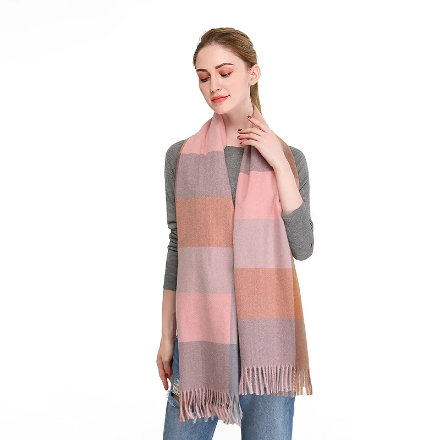 Plaid Scarf/Shawl - Pink, Grey, Tan/Brown image indicator(2)