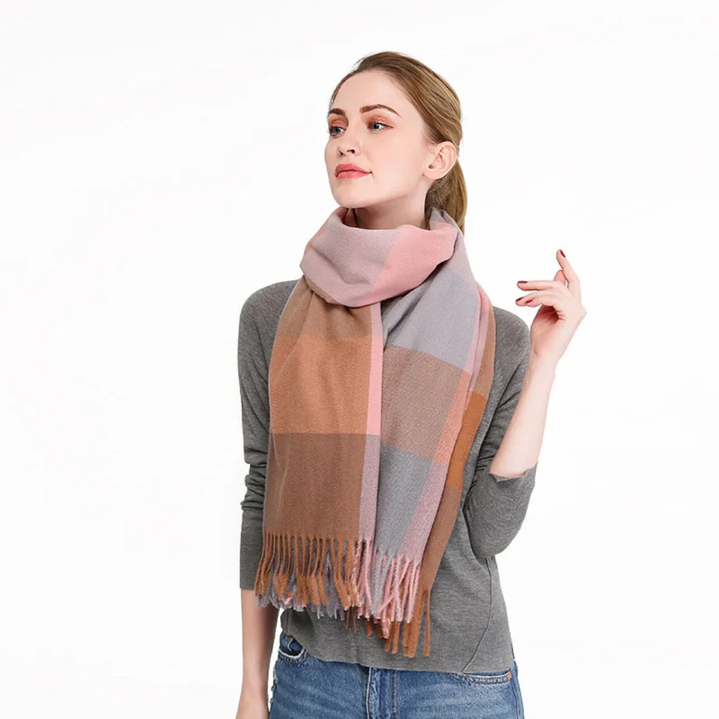 Plaid Scarf/Shawl - Pink, Grey, Tan/Brown
