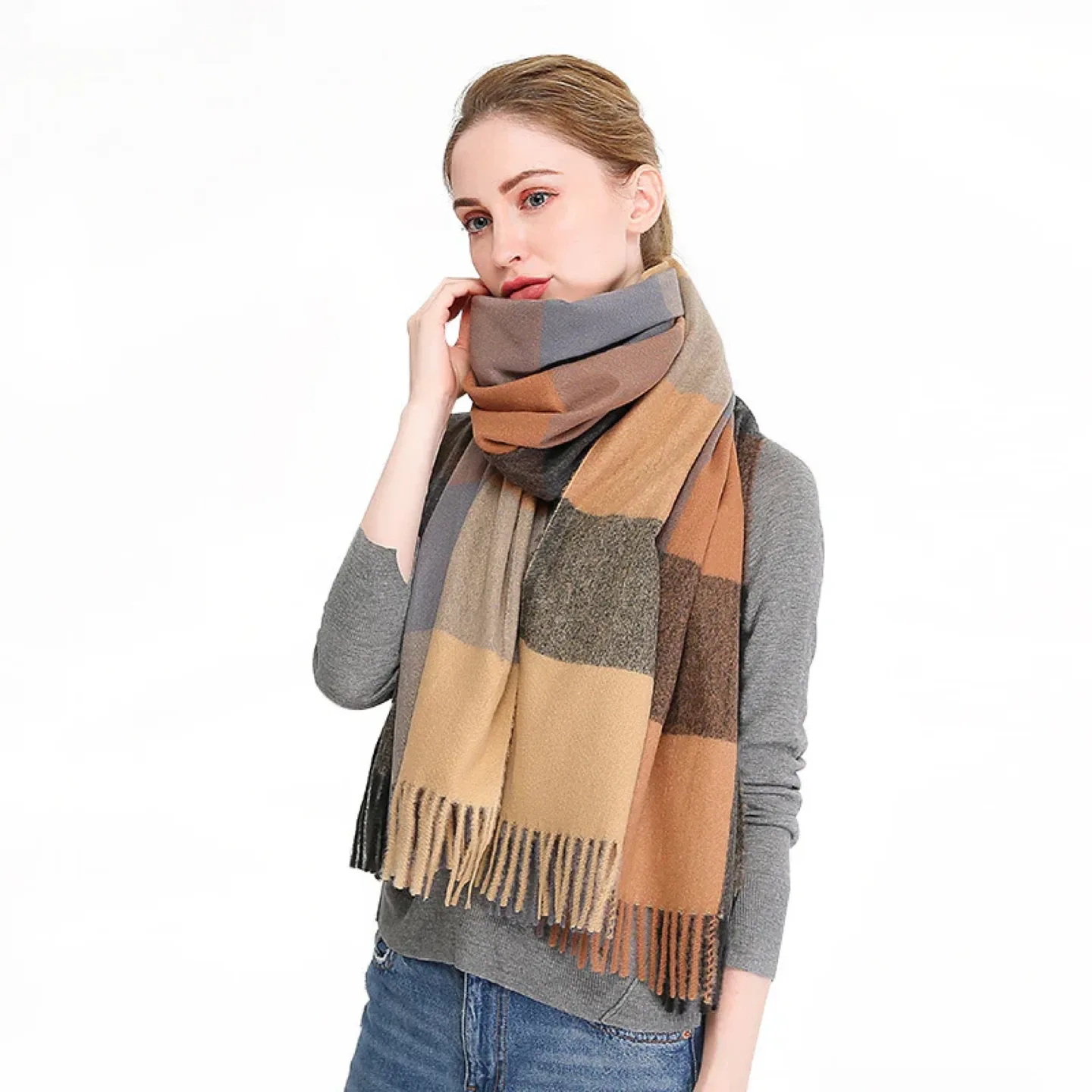 Plaid Scarf/Shawl - Brown & Grey