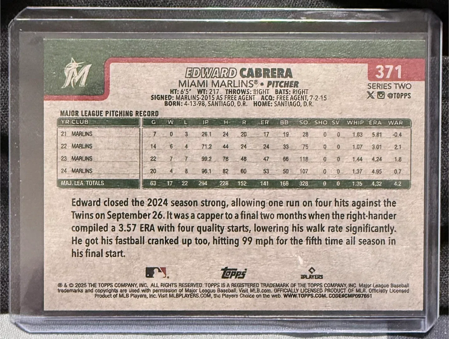 Edward Cabrera 2025 Topps Baseball Card image indicator(2)