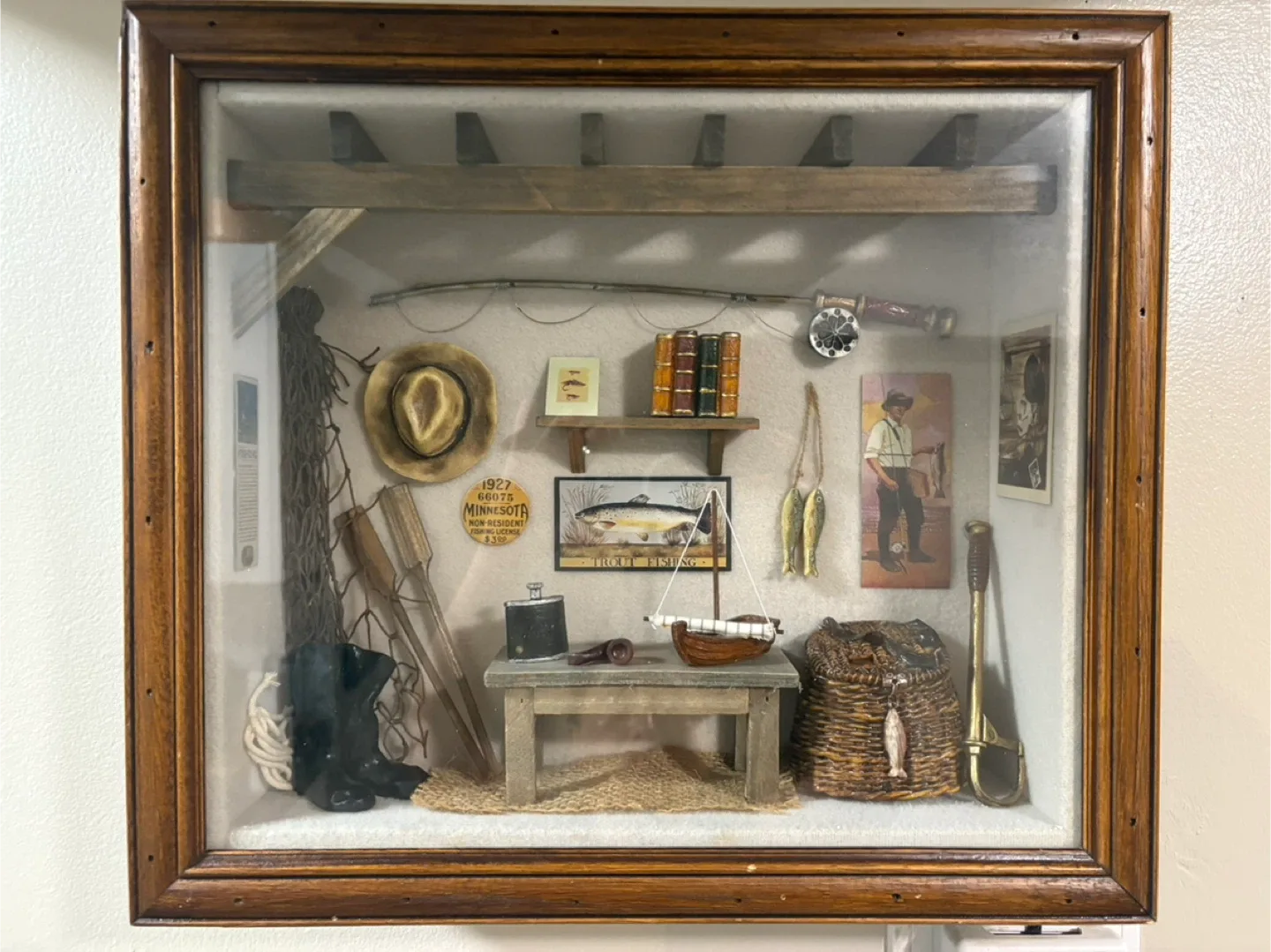 Unique 3D framed picture 39x34cm Fishing-themed shadow box