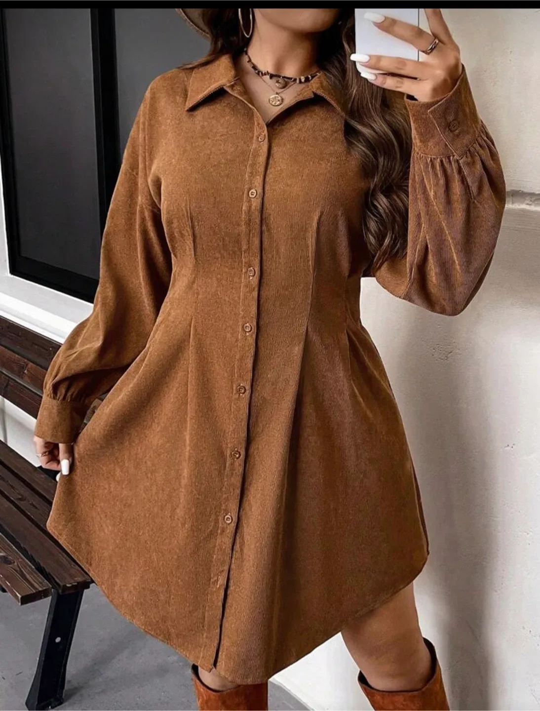 Brown Corduroy Button-Up Dress thumbnail