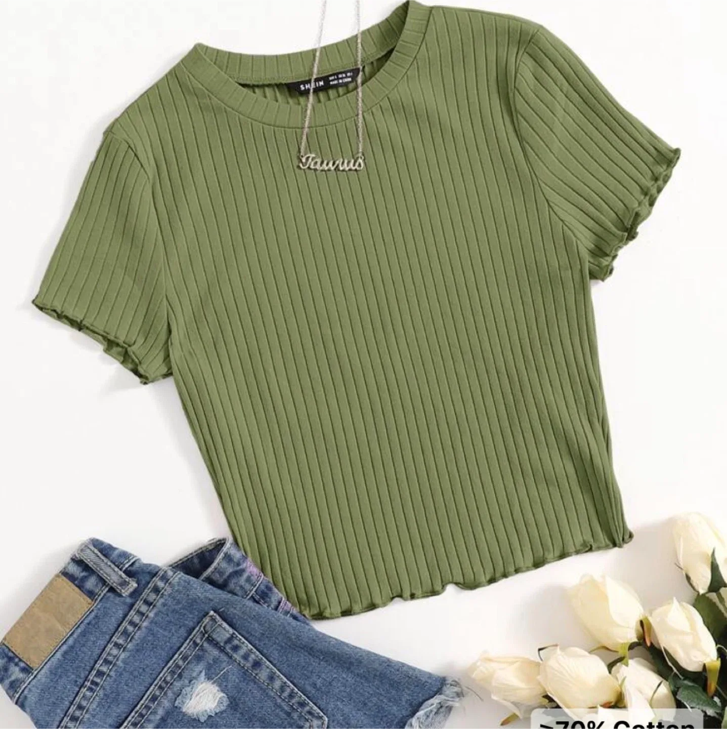 Shein Rib-Knit Lettuce Edge Tee - Olive Green thumbnail