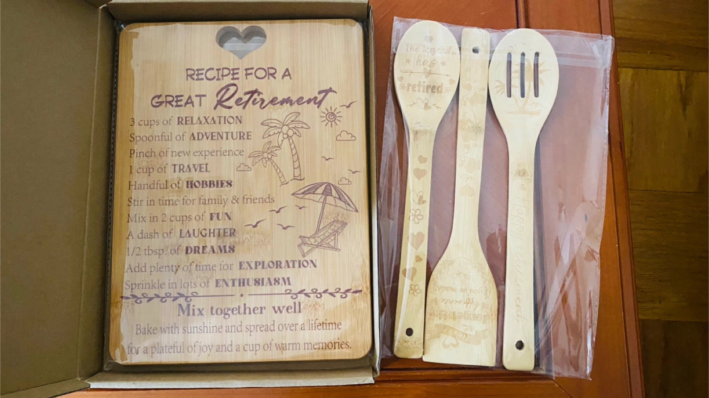 New Retirement Gift Set - Cutting Board & Spoons