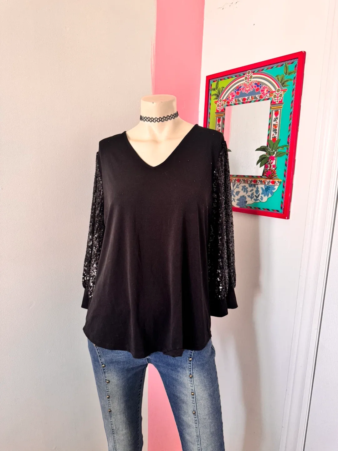 Black Sequin Sleeve Top thumbnail