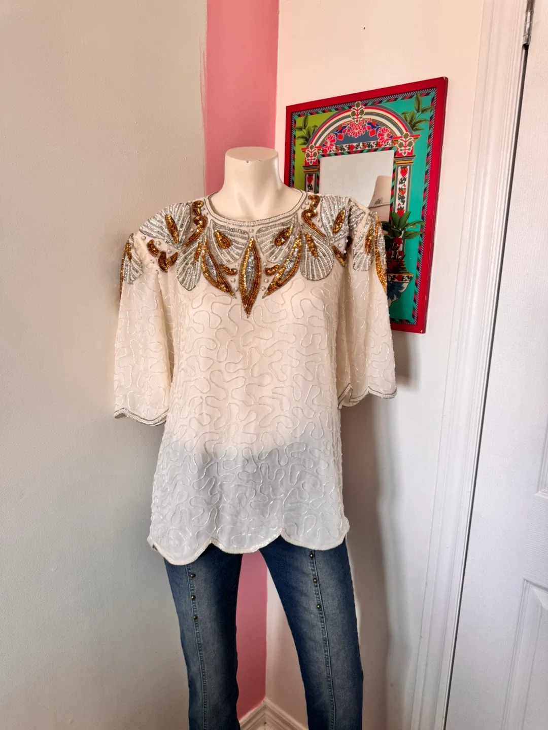 Embellished White Top with Shoulder Pads thumbnail