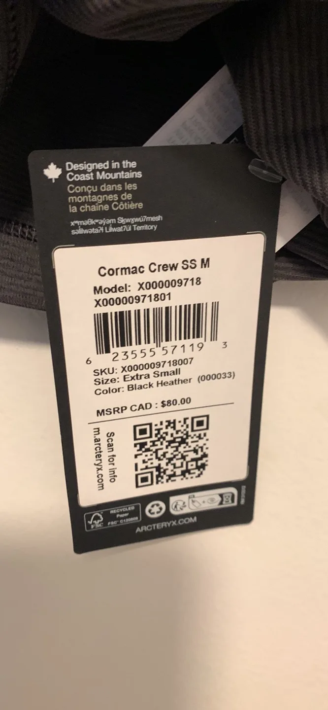 New Arc'teryx Cormac Crew SS - Black Heather, XS image indicator(2)