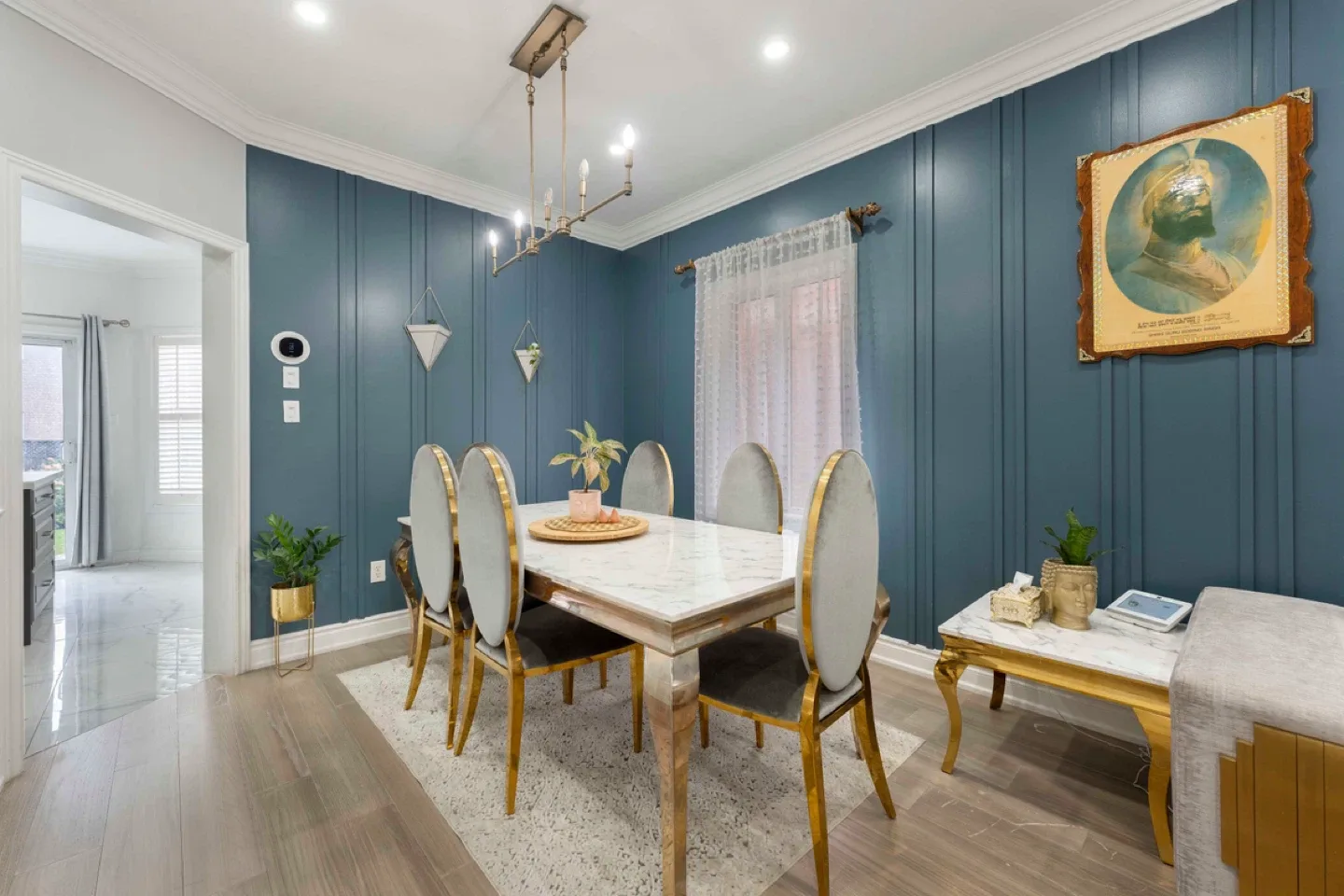 Dining Table Set (Real Marble) with 6 Grey Velvet Chairs