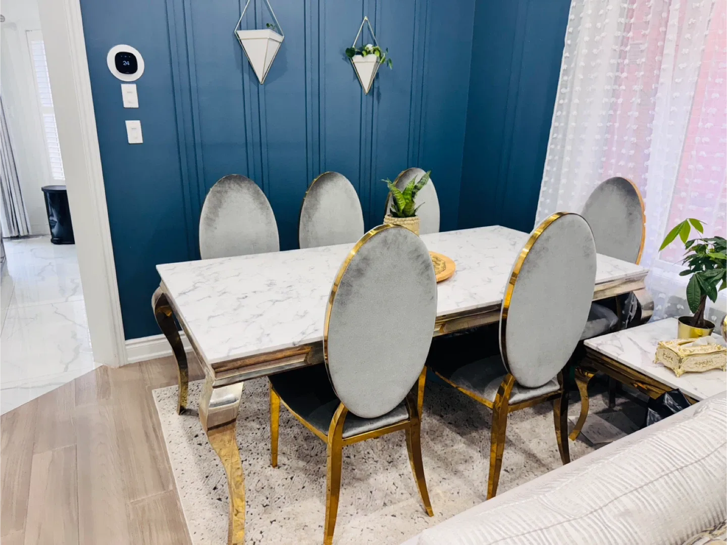 Dining Table Set (Real Marble) with 6 Grey Velvet Chairs image indicator(3)