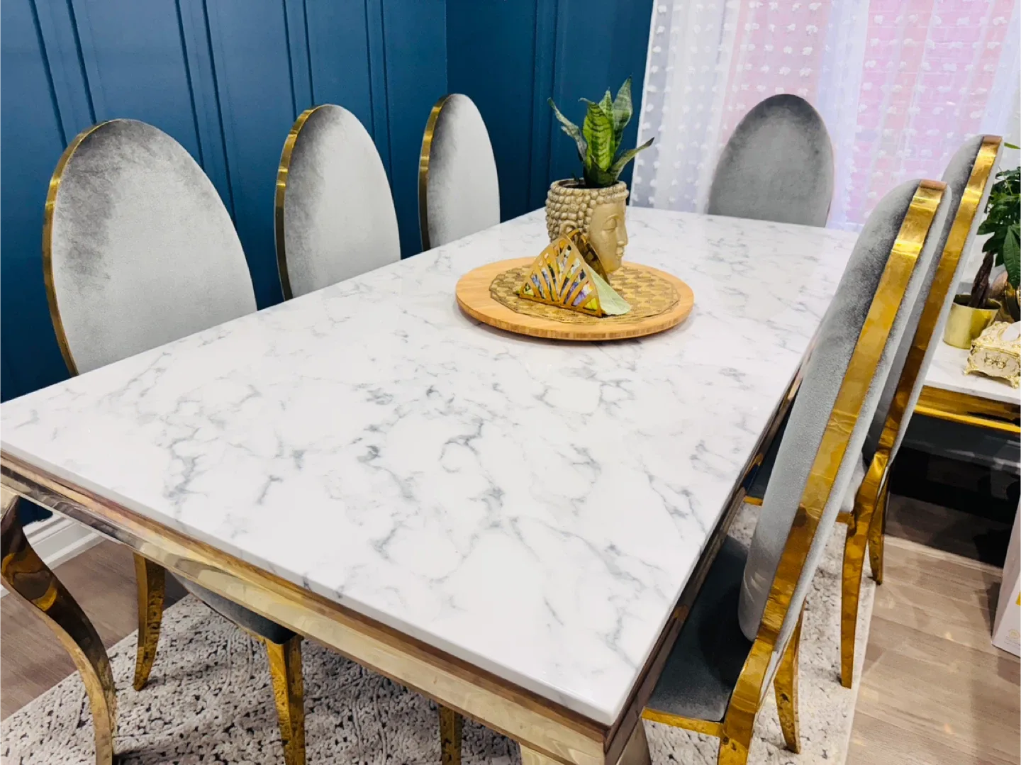 Dining Table Set (Real Marble) with 6 Grey Velvet Chairs image indicator(6)