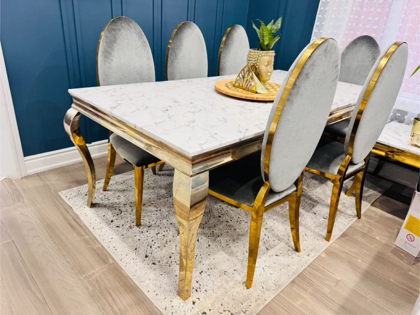 Dining Table Set (Real Marble) with 6 Grey Velvet Chairs image indicator(5)