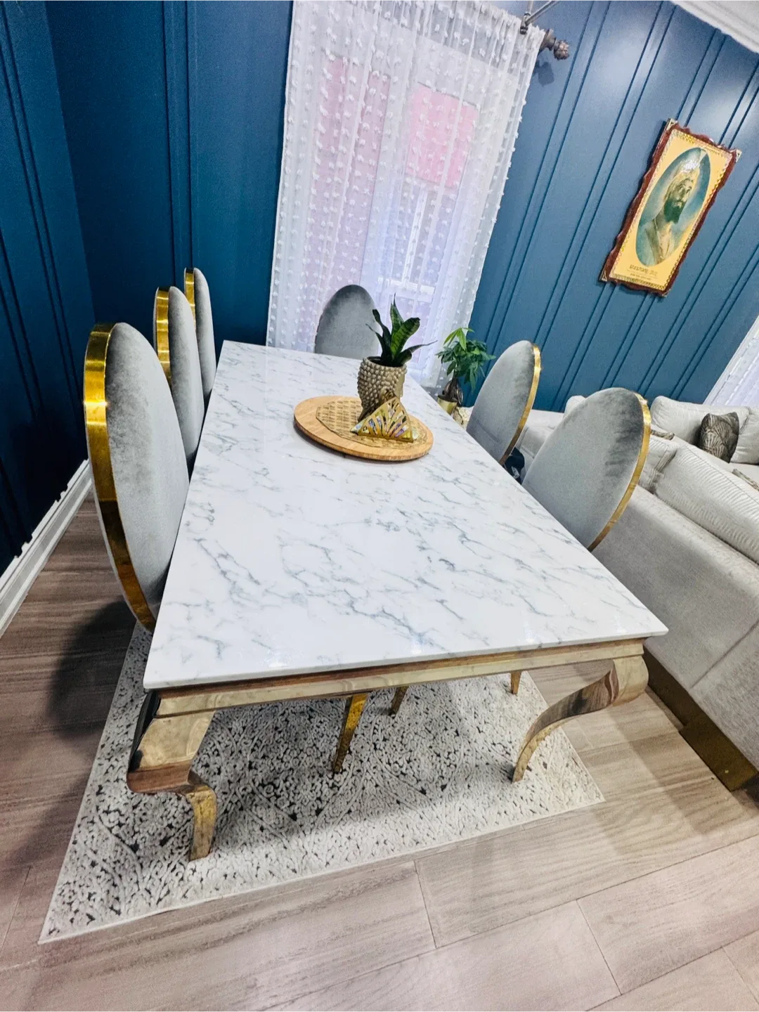 Dining Table Set (Real Marble) with 6 Grey Velvet Chairs image indicator(4)