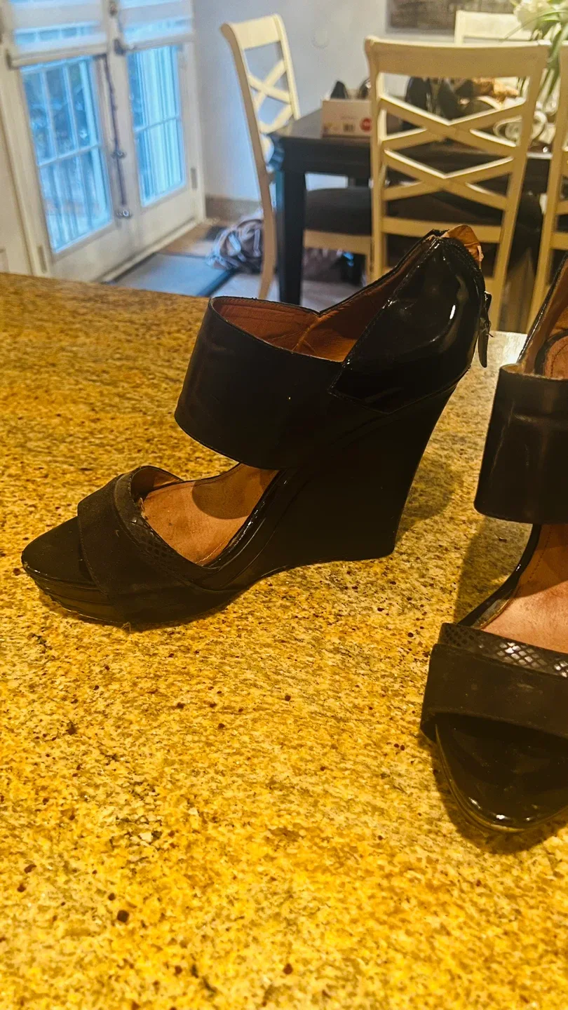 Black Leather Wedge Heels, Size 10 image indicator(2)
