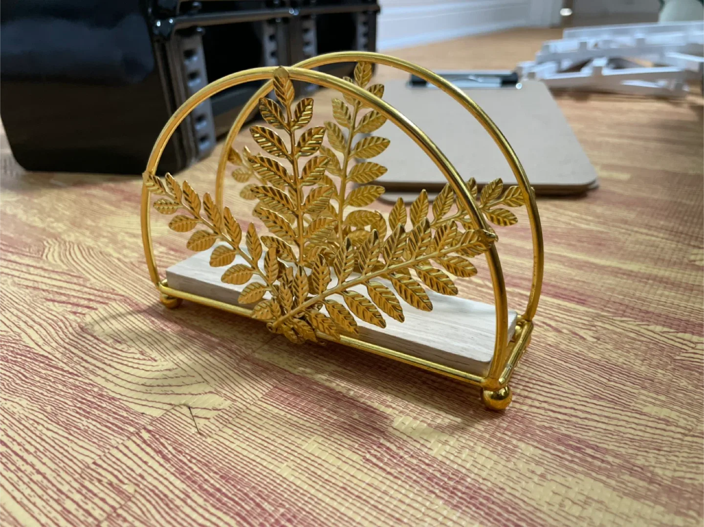 Gold Metal Napkin Holder with Leaf Design
