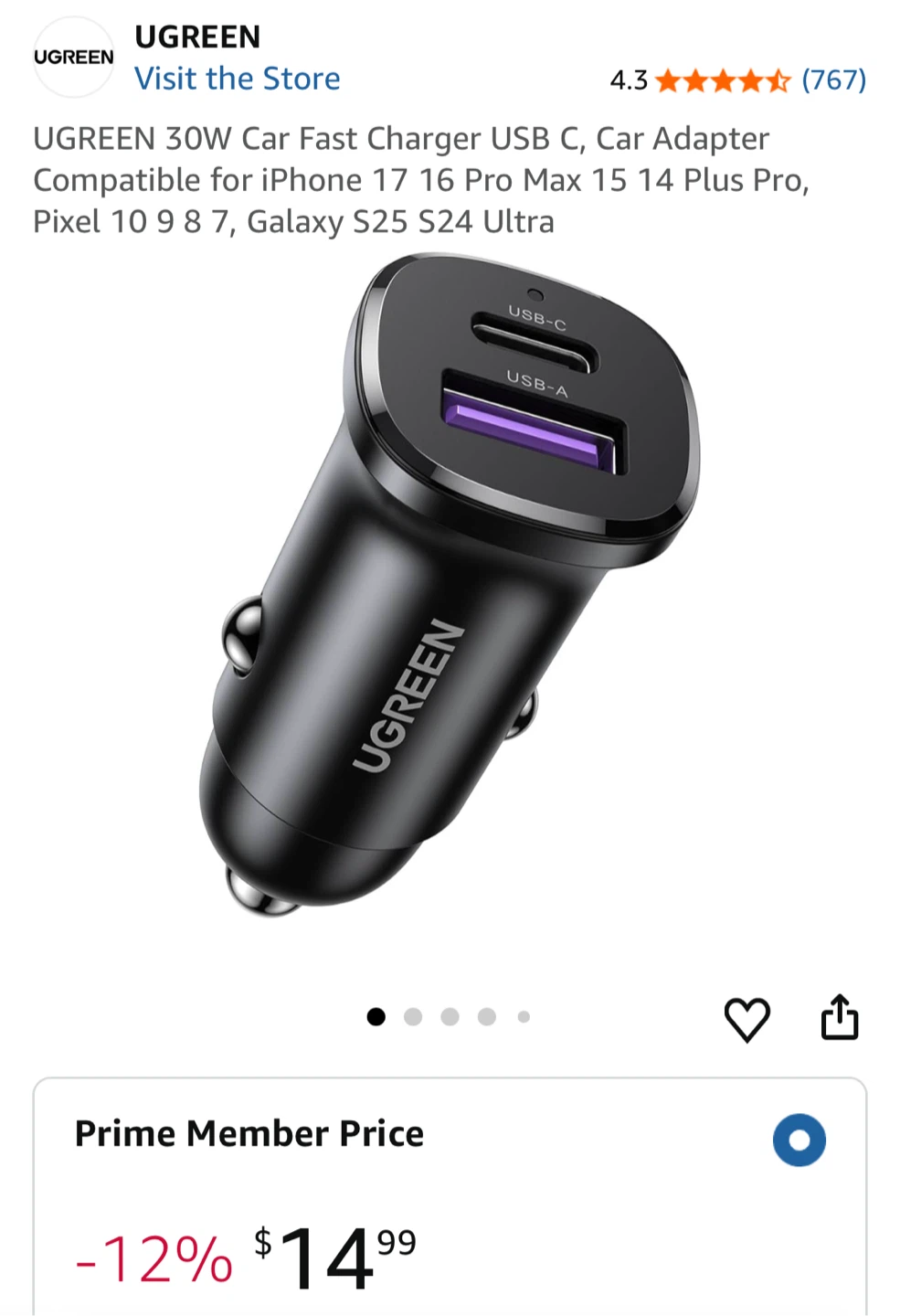 UGREEN 30W Dual USB-C Car Charger - New - photo 2