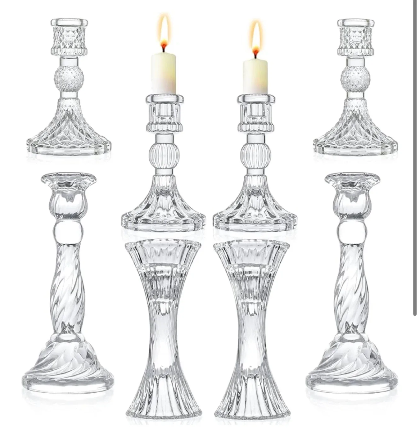 Glass Candlestick Holders - 3 Sets of 8, Clear Taper