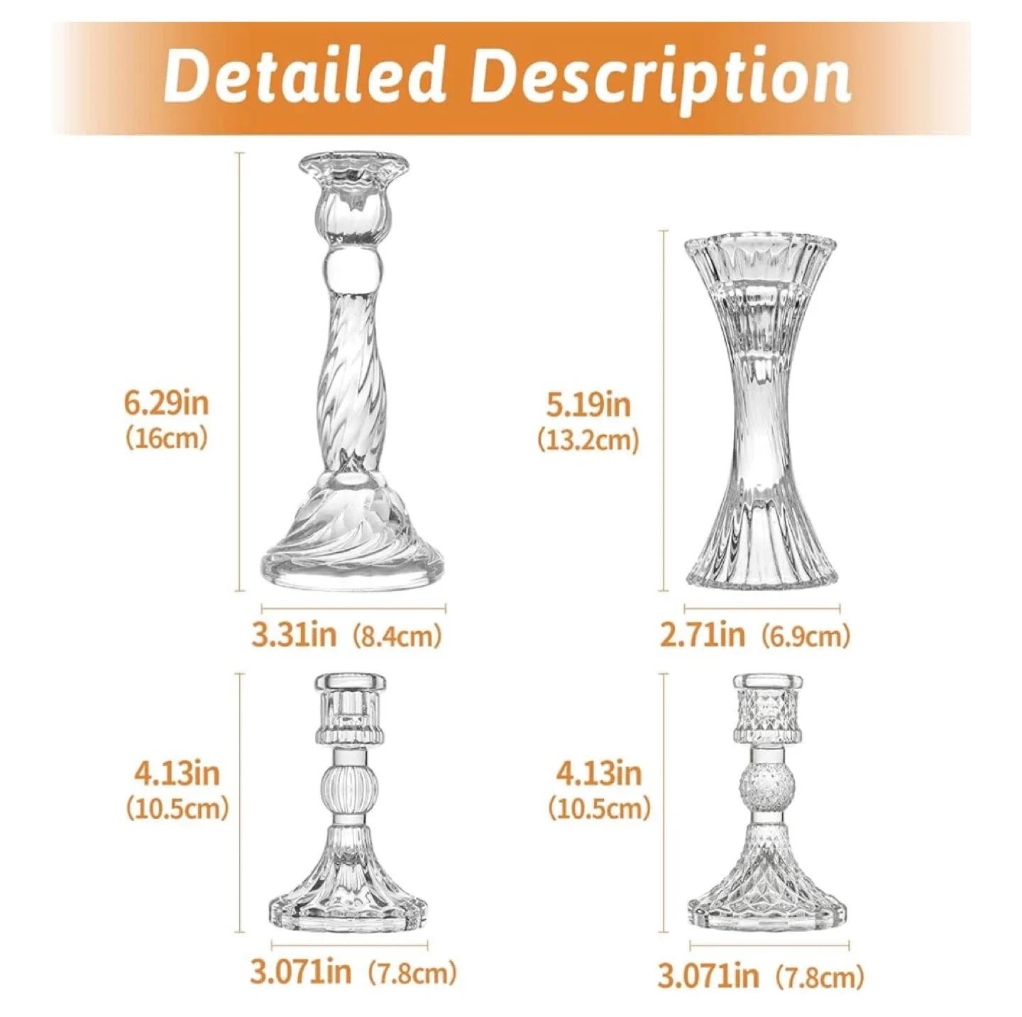 Glass Candlestick Holders - 3 Sets of 8, Clear Taper image indicator(2)