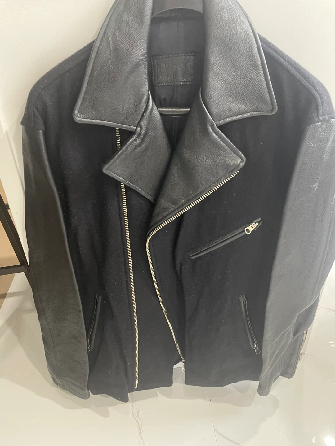 Black Wool & Leather Roots Biker Jacket