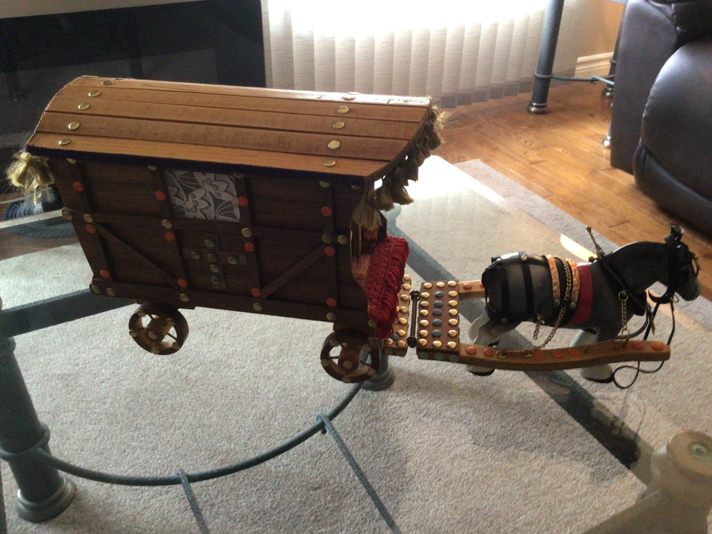 Wooden Gypsy Wagon and Horse Figurine