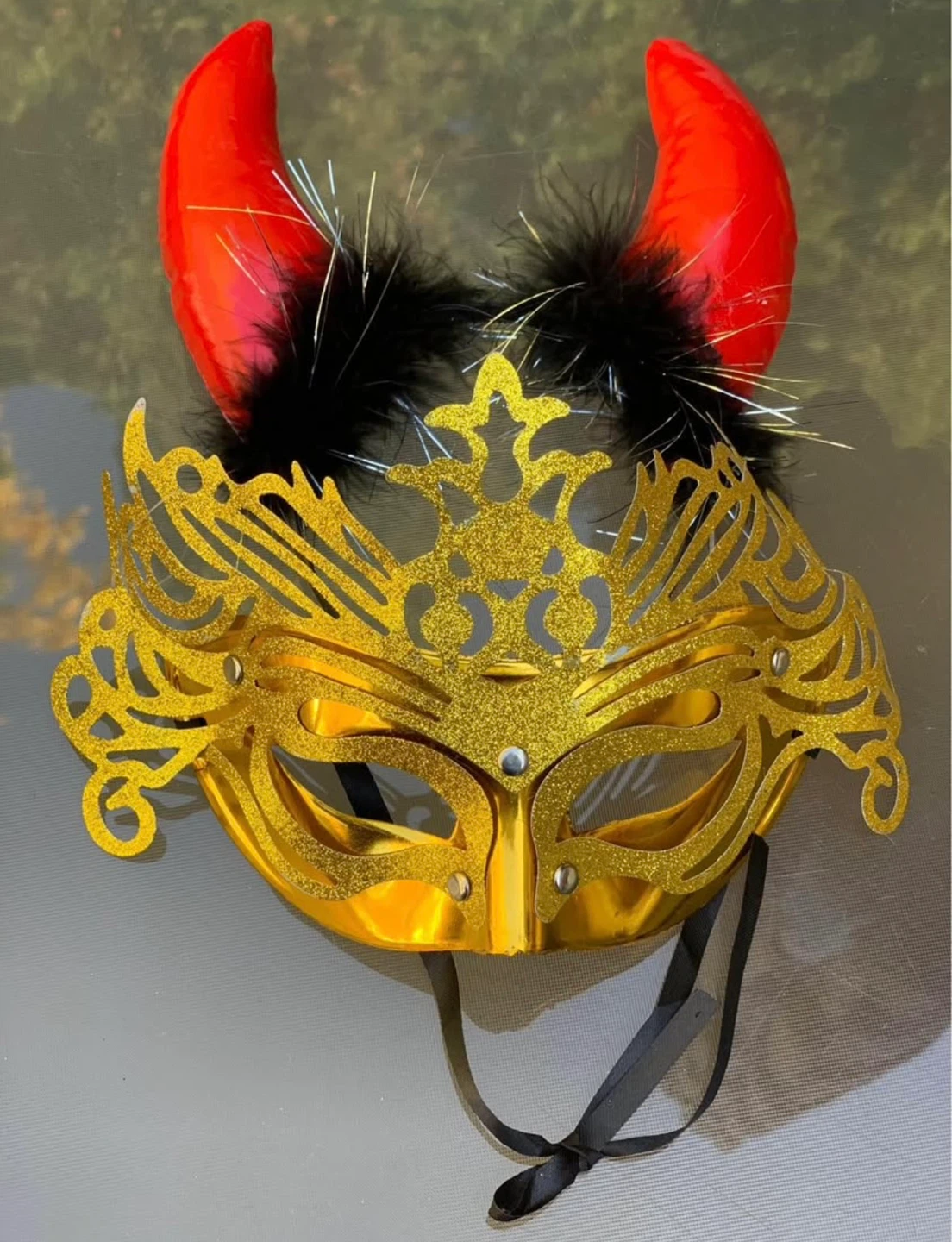 Gold mask and Red devil horns band