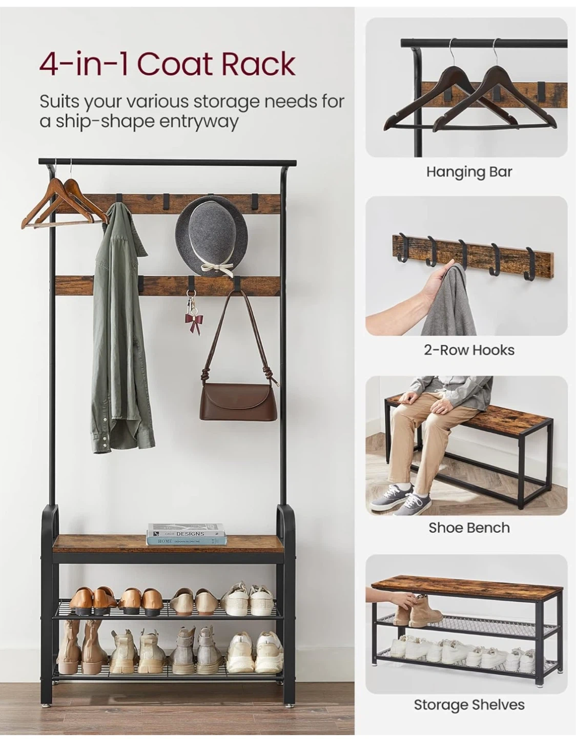 Coat Rack Hall Tree with Bench & Shoe Storage Karrot