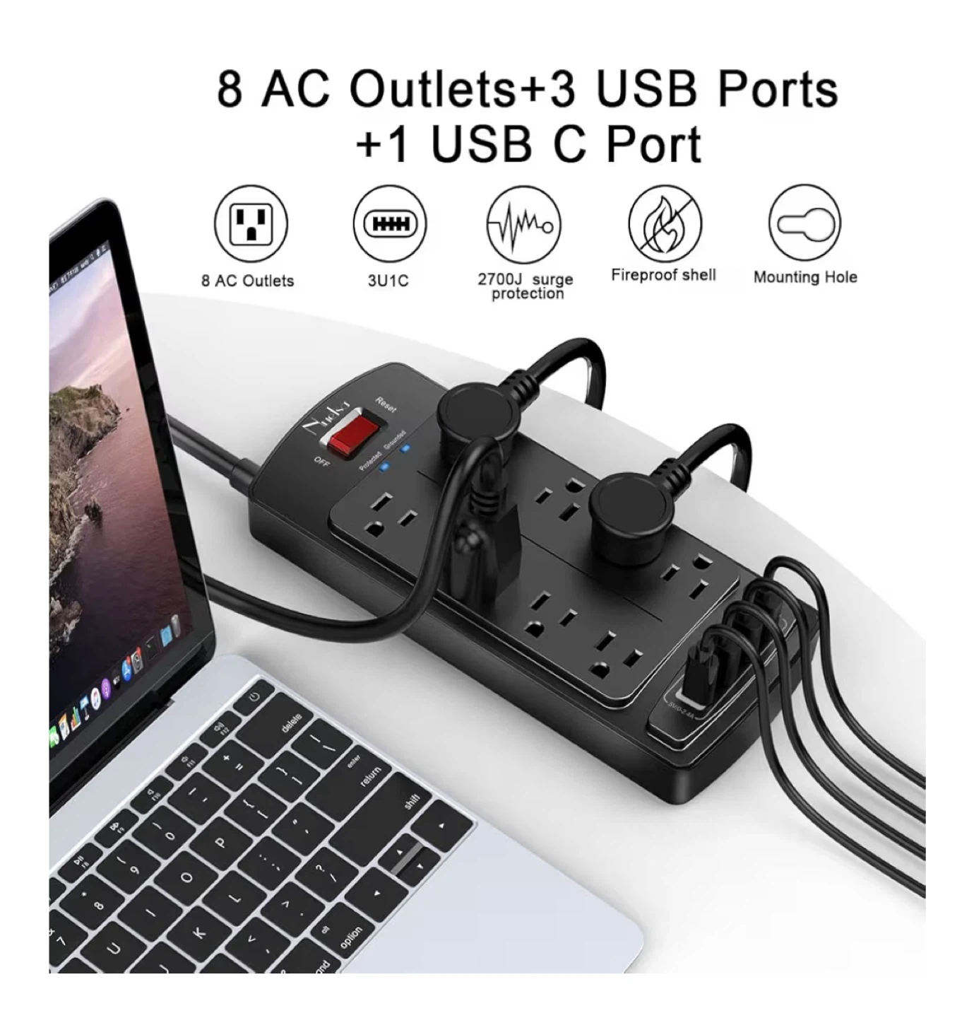 Power Strip 6ft with 8 AC Outlets and 3 USB Ports - photo 4