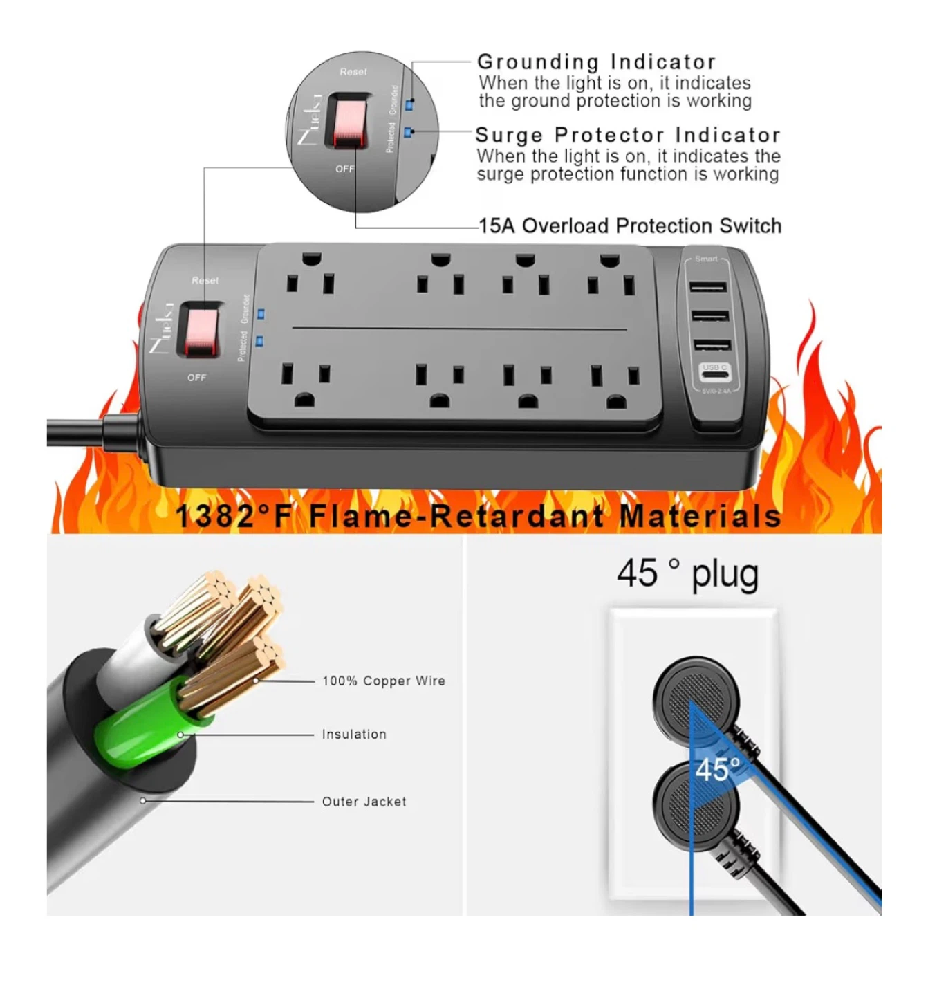 Power Strip 6ft with 8 AC Outlets and 3 USB Ports - photo 5