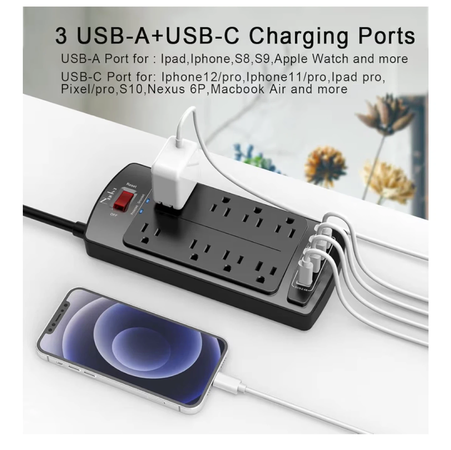 Power Strip 6ft with 8 AC Outlets and 3 USB Ports - photo 3