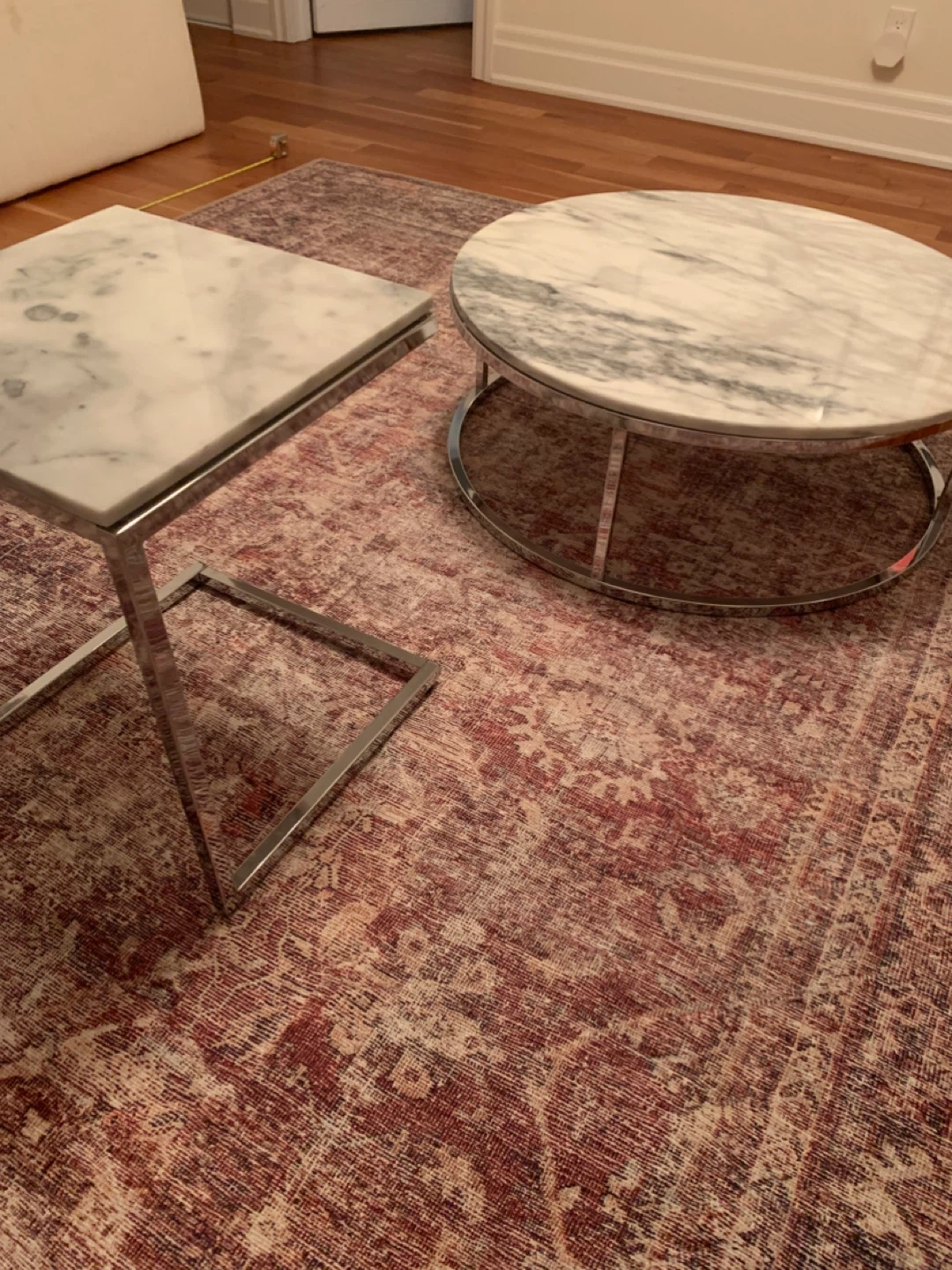 CB2 marble coffee table and end table