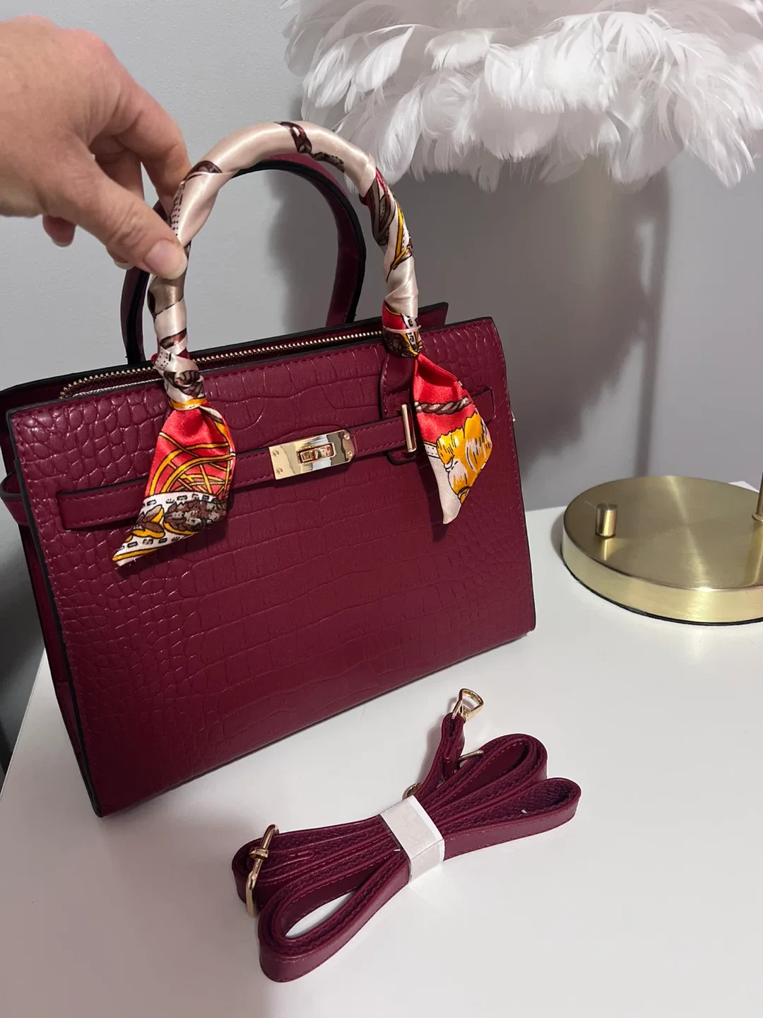 Burgundy Croc Embossed Handbag