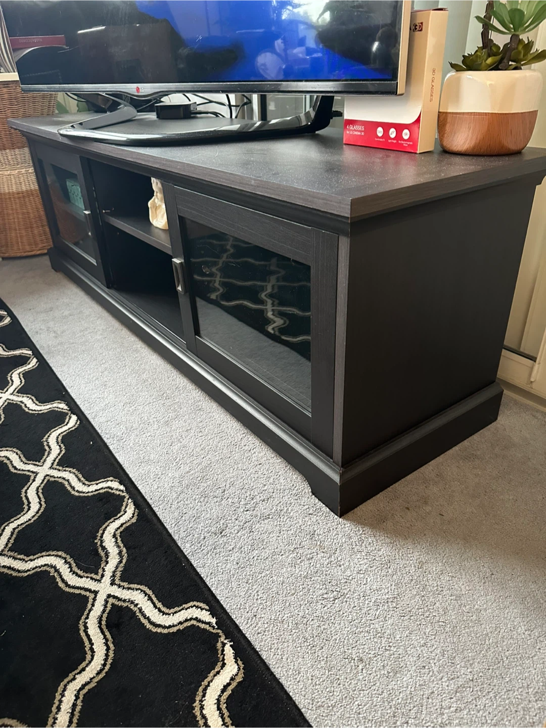Dark Brown TV Stand with Glass Doors