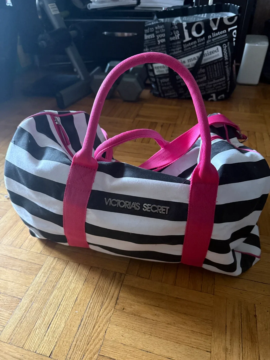 Victoria��’s Secret Pink White with Black Stripes Duffle Bag thumbnail