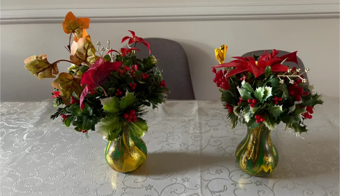 Artificial Flower Arrangement. Vase Hand Painted image indicator(3)