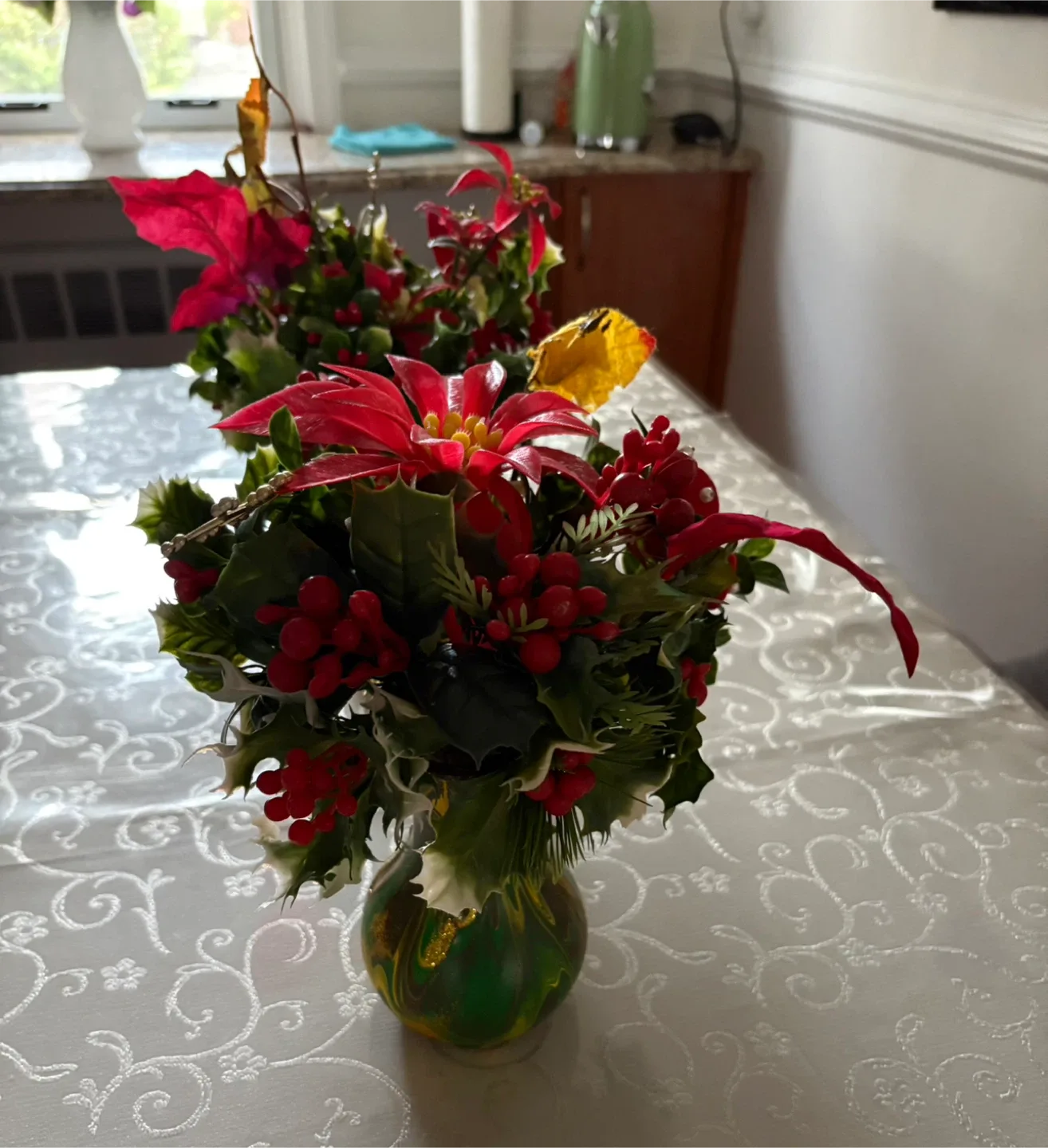 Artificial Flower Arrangement. Vase Hand Painted image indicator(5)